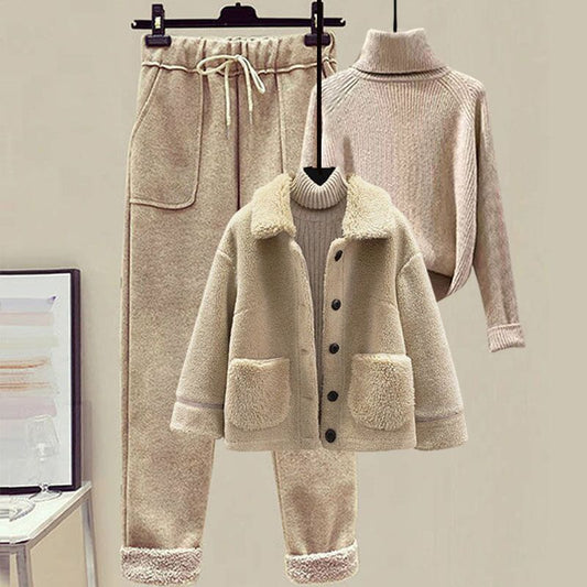 Women's Wool Fur Sweater Casual Pants Three Piece Set Fashion Suit - PratSN