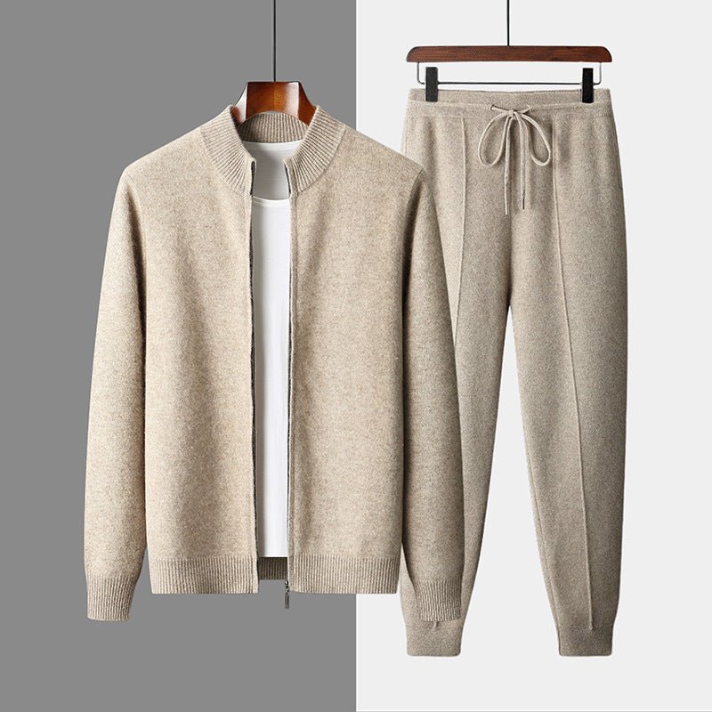 Wool Cardigan Men's Stand Collar Zipper Knitted Sweater Coat Warm And Loose Cashmere Pants - PratSN