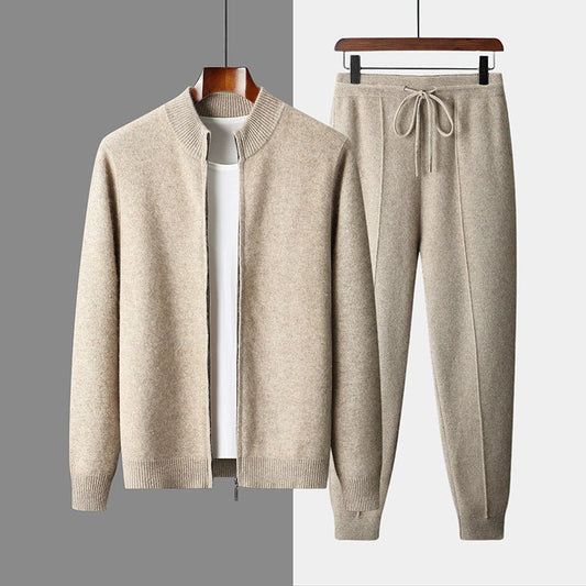 Wool Cardigan Men's Stand Collar Zipper Knitted Sweater Coat Warm And Loose Cashmere Pants - PratSN