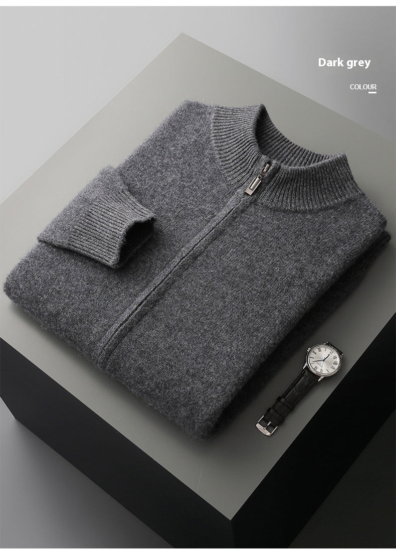 Wool Cardigan Men's Stand Collar Zipper Knitted Sweater Coat Warm And Loose Cashmere Pants - PratSN