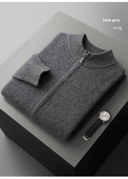 Wool Cardigan Men's Stand Collar Zipper Knitted Sweater Coat Warm And Loose Cashmere Pants - PratSN