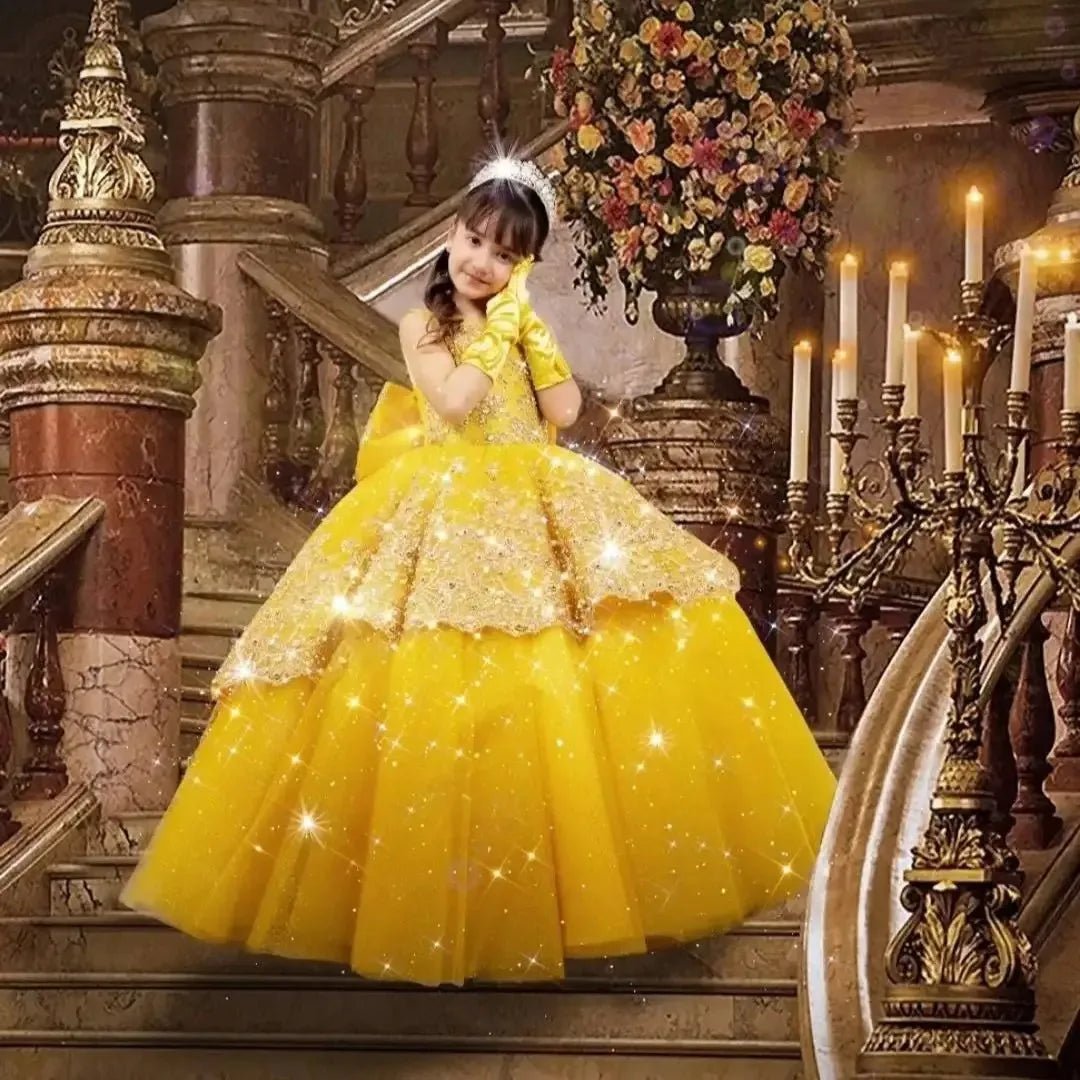 Yellow Flower Girl Dresses for Wedding Lace Appliques Sleeveless Girl Kids Birthday Party First Communion Gown Customized - PratSN