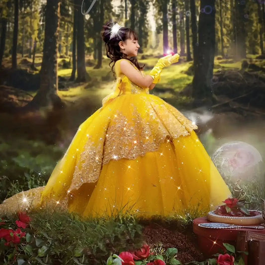 Yellow Flower Girl Dresses for Wedding Lace Appliques Sleeveless Girl Kids Birthday Party First Communion Gown Customized - PratSN