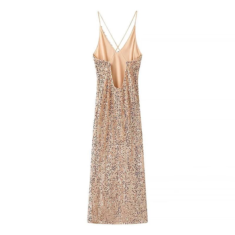 YENKYE Sexy Women Fashion Backless Hem Slit Spaghetti Strap Sequin Dresses Night Out Vestidos Party Dress - PratSN