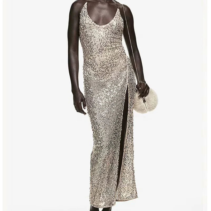 YENKYE Sexy Women Fashion Backless Hem Slit Spaghetti Strap Sequin Dresses Night Out Vestidos Party Dress - PratSN