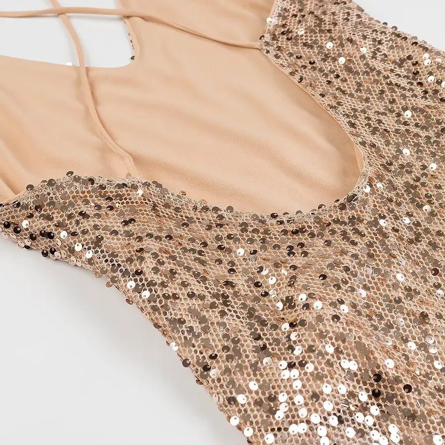 YENKYE Sexy Women Fashion Backless Hem Slit Spaghetti Strap Sequin Dresses Night Out Vestidos Party Dress - PratSN