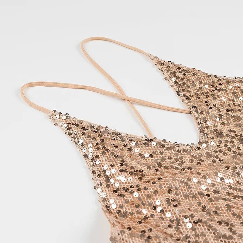 YENKYE Sexy Women Fashion Backless Hem Slit Spaghetti Strap Sequin Dresses Night Out Vestidos Party Dress - PratSN