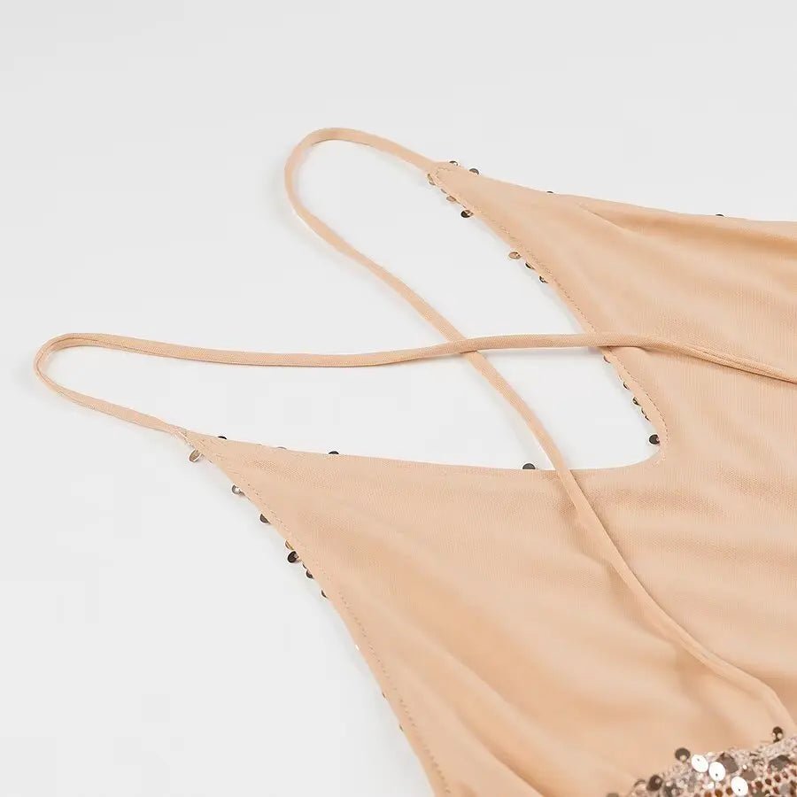 YENKYE Sexy Women Fashion Backless Hem Slit Spaghetti Strap Sequin Dresses Night Out Vestidos Party Dress - PratSN