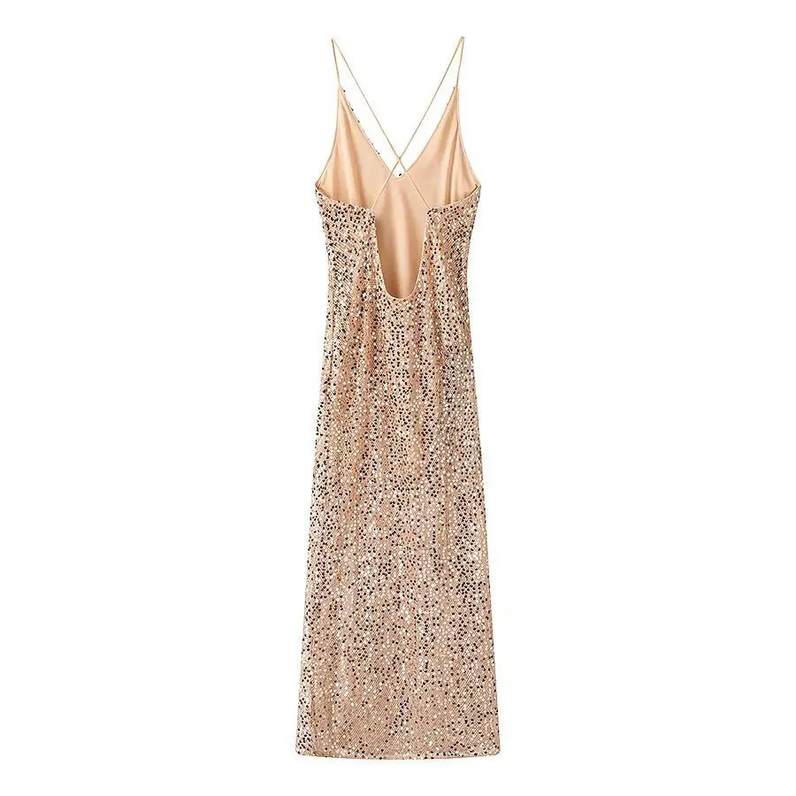 YENKYE Sexy Women Fashion Backless Hem Slit Spaghetti Strap Sequin Dresses Night Out Vestidos Party Dress - PratSN