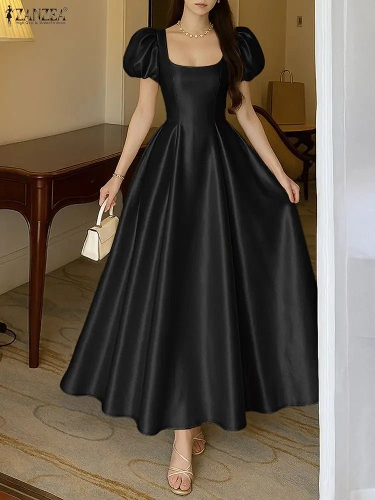 ZANZEA Elegant Chic Women Satin Wedding Guest Party Long Dresses Square Neck Short Puff Sleeve Fitted Waist A - Line Dress S - 3XL - PratSN
