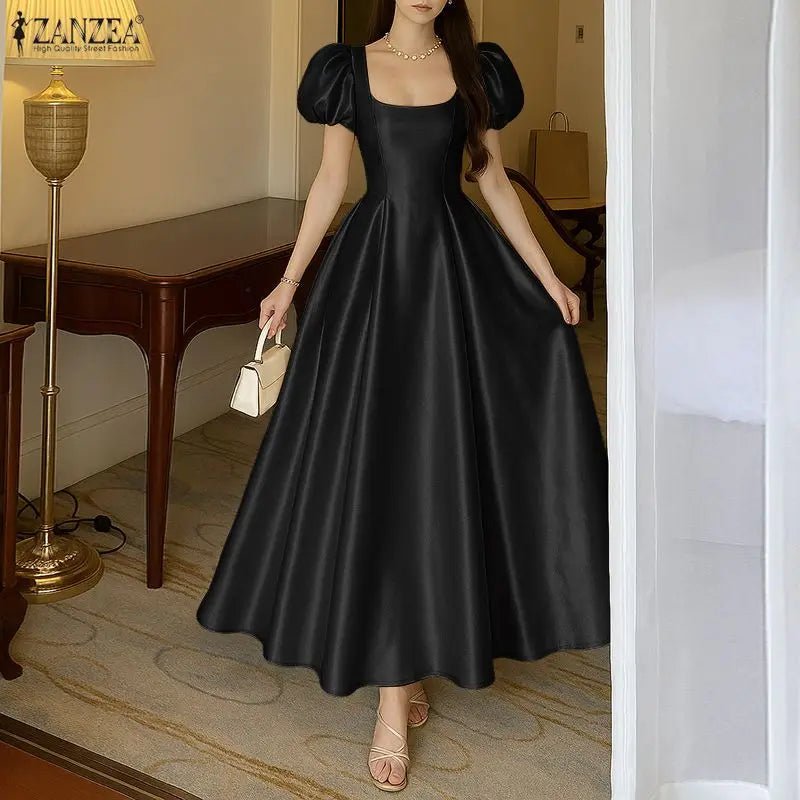 ZANZEA Elegant Chic Women Satin Wedding Guest Party Long Dresses Square Neck Short Puff Sleeve Fitted Waist A - Line Dress S - 3XL - PratSN