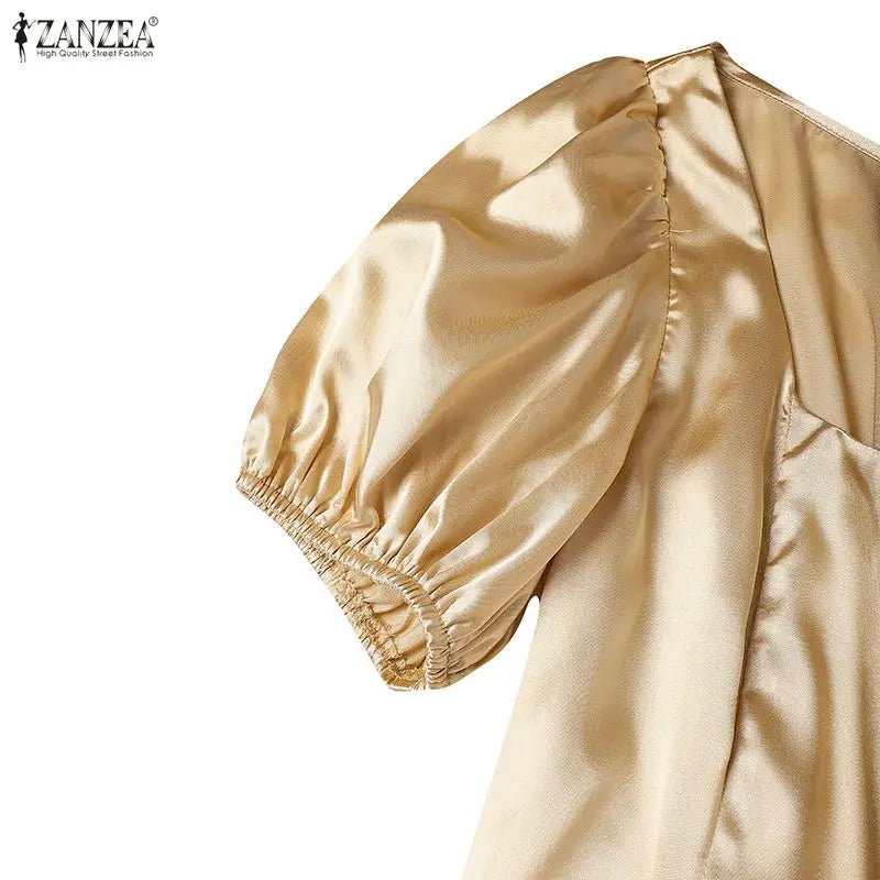 ZANZEA Elegant Chic Women Satin Wedding Guest Party Long Dresses Square Neck Short Puff Sleeve Fitted Waist A - Line Dress S - 3XL - PratSN
