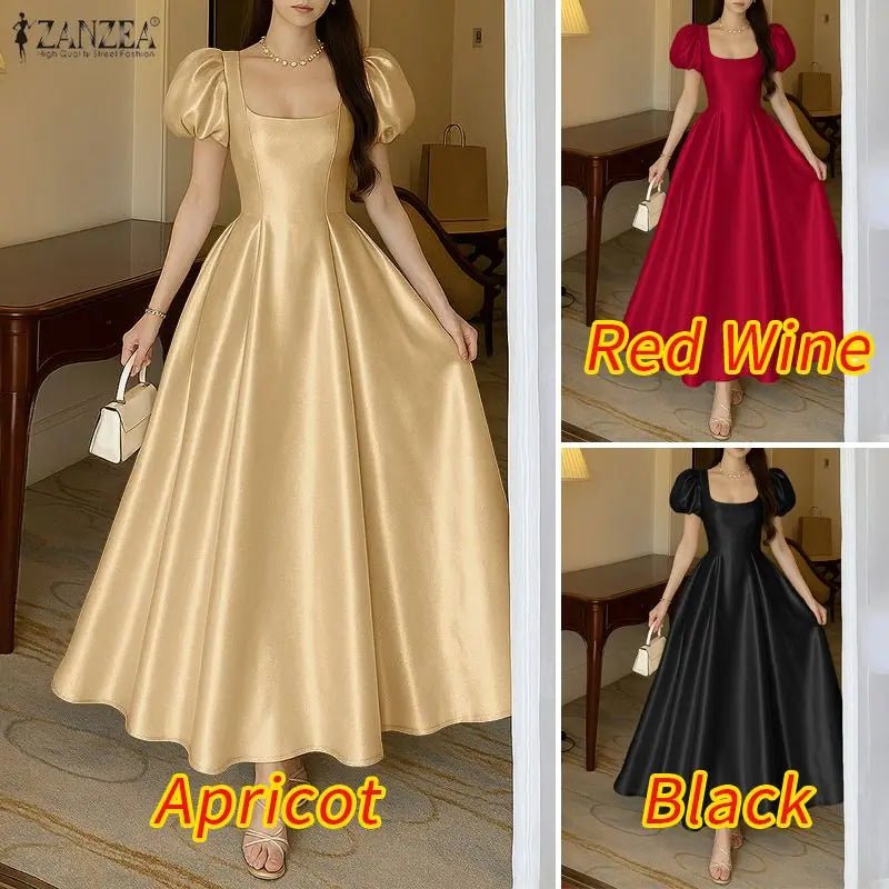 ZANZEA Elegant Chic Women Satin Wedding Guest Party Long Dresses Square Neck Short Puff Sleeve Fitted Waist A - Line Dress S - 3XL - PratSN