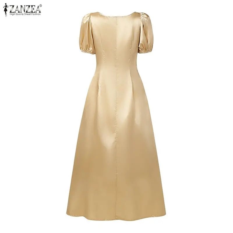 ZANZEA Elegant Chic Women Satin Wedding Guest Party Long Dresses Square Neck Short Puff Sleeve Fitted Waist A - Line Dress S - 3XL - PratSN
