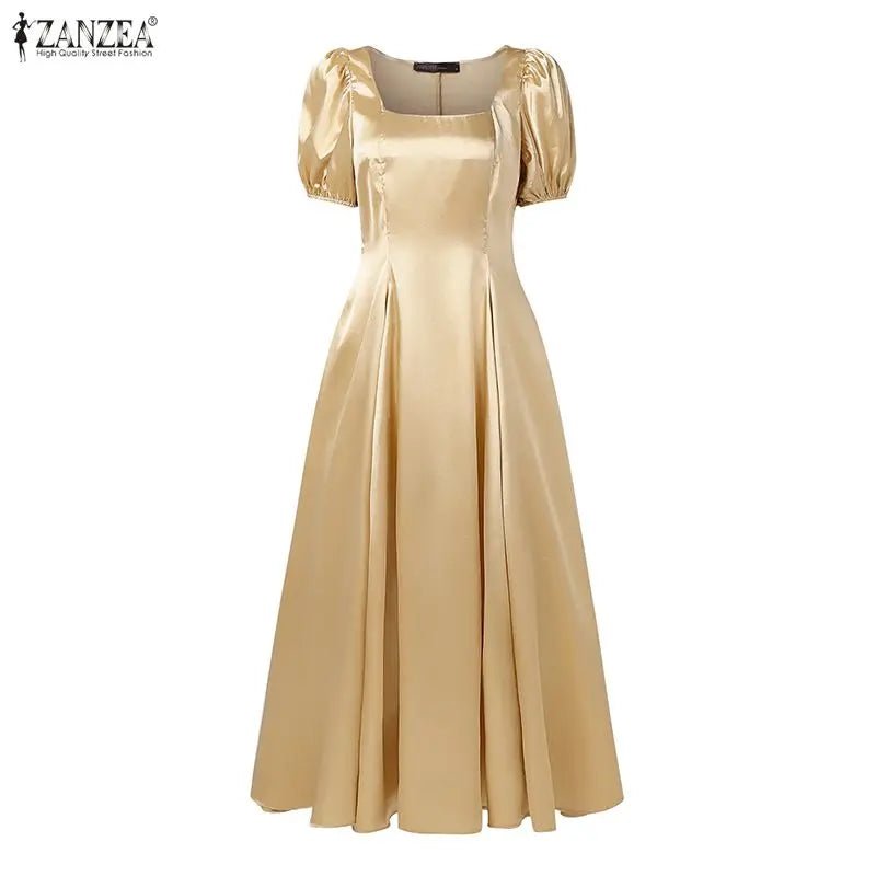 ZANZEA Elegant Chic Women Satin Wedding Guest Party Long Dresses Square Neck Short Puff Sleeve Fitted Waist A - Line Dress S - 3XL - PratSN