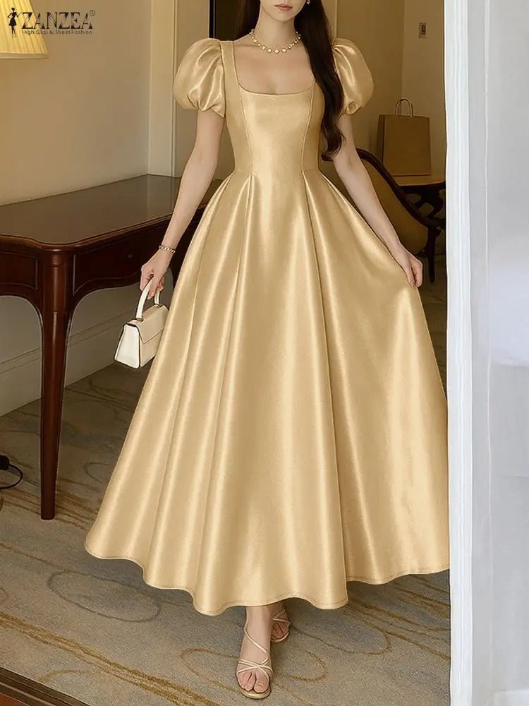 ZANZEA Elegant Chic Women Satin Wedding Guest Party Long Dresses Square Neck Short Puff Sleeve Fitted Waist A - Line Dress S - 3XL - PratSN
