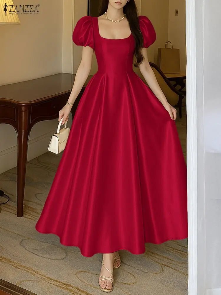 ZANZEA Elegant Chic Women Satin Wedding Guest Party Long Dresses Square Neck Short Puff Sleeve Fitted Waist A - Line Dress S - 3XL - PratSN