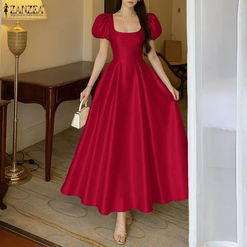 ZANZEA Elegant Chic Women Satin Wedding Guest Party Long Dresses Square Neck Short Puff Sleeve Fitted Waist A - Line Dress S - 3XL - PratSN