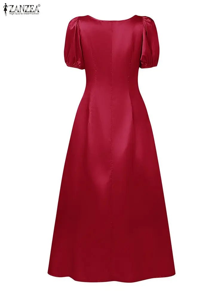 ZANZEA Elegant Chic Women Satin Wedding Guest Party Long Dresses Square Neck Short Puff Sleeve Fitted Waist A - Line Dress S - 3XL - PratSN