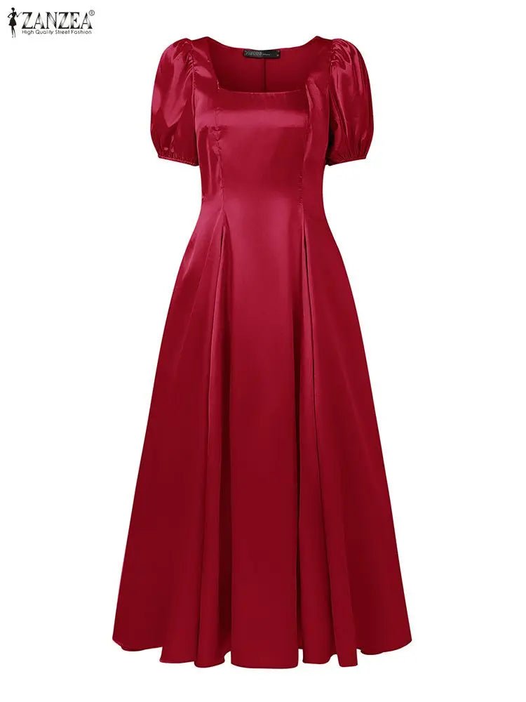 ZANZEA Elegant Chic Women Satin Wedding Guest Party Long Dresses Square Neck Short Puff Sleeve Fitted Waist A - Line Dress S - 3XL - PratSN