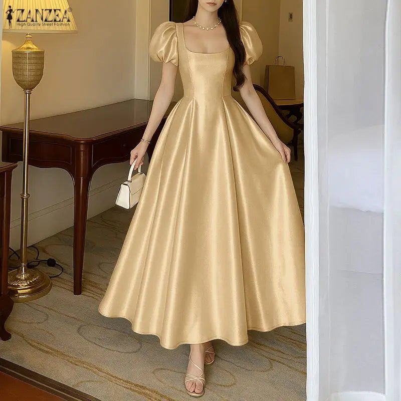ZANZEA Elegant Chic Women Satin Wedding Guest Party Long Dresses Square Neck Short Puff Sleeve Fitted Waist A - Line Dress S - 3XL - PratSN