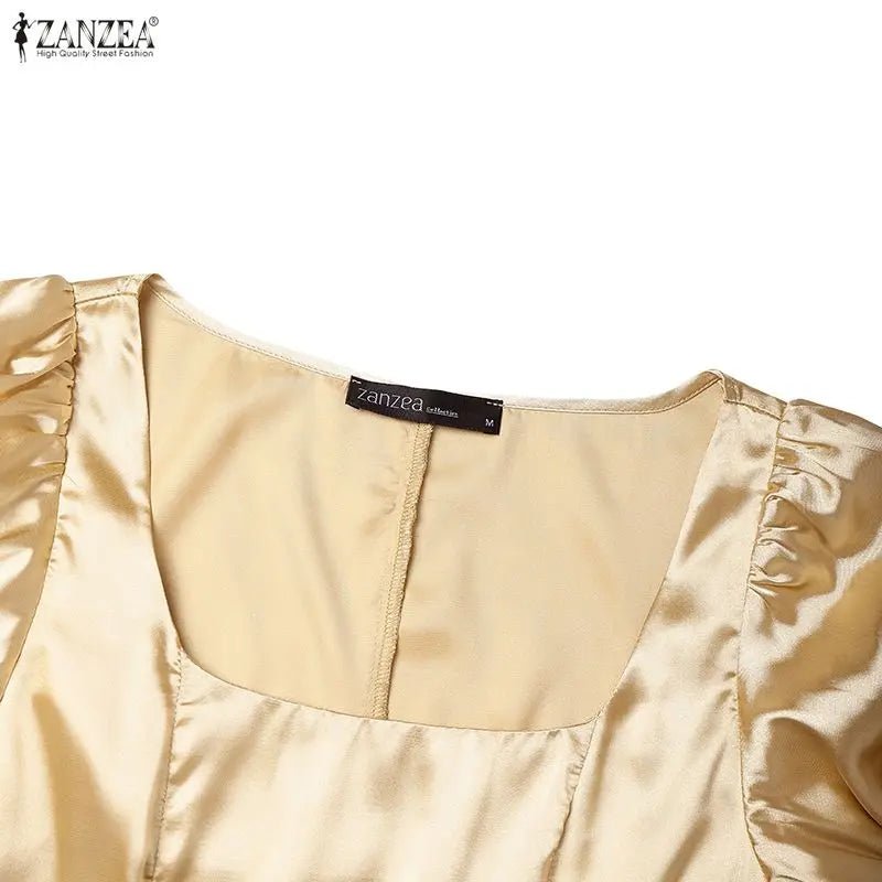 ZANZEA Elegant Chic Women Satin Wedding Guest Party Long Dresses Square Neck Short Puff Sleeve Fitted Waist A - Line Dress S - 3XL - PratSN