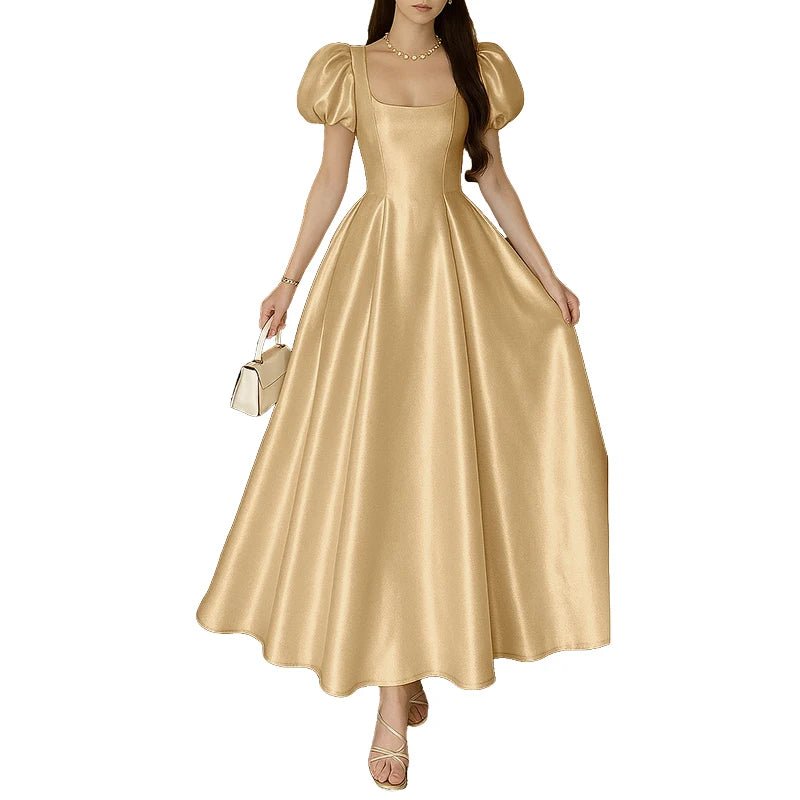 ZANZEA Elegant Chic Women Satin Wedding Guest Party Long Dresses Square Neck Short Puff Sleeve Fitted Waist A - Line Dress S - 3XL - PratSN
