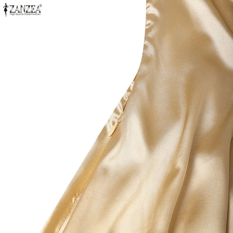 ZANZEA Elegant Chic Women Satin Wedding Guest Party Long Dresses Square Neck Short Puff Sleeve Fitted Waist A - Line Dress S - 3XL - PratSN