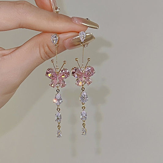 Zircon With Diamond Butterfly Tassel Romantic Earrings - PratSN