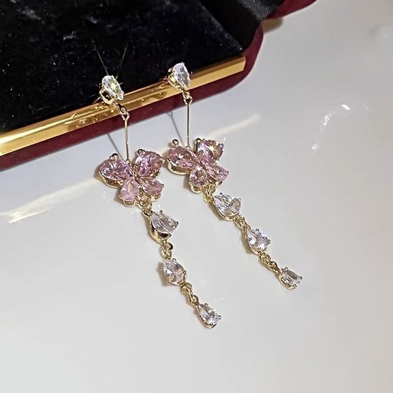 Zircon With Diamond Butterfly Tassel Romantic Earrings - PratSN