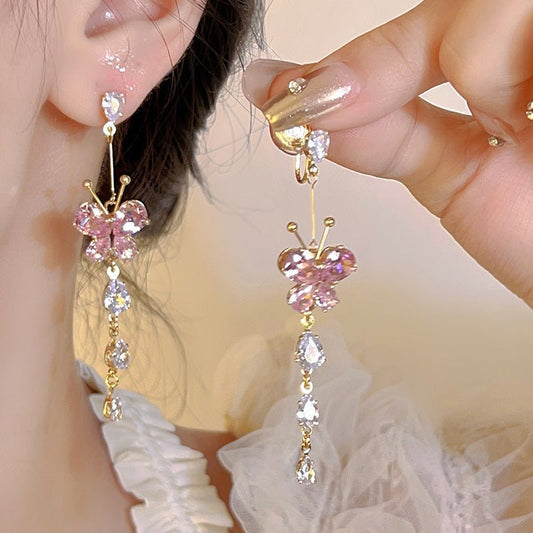 Zircon With Diamond Butterfly Tassel Romantic Earrings - PratSN