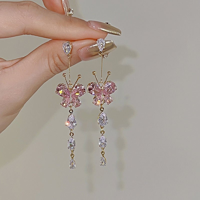 Zircon With Diamond Butterfly Tassel Romantic Earrings - PratSN
